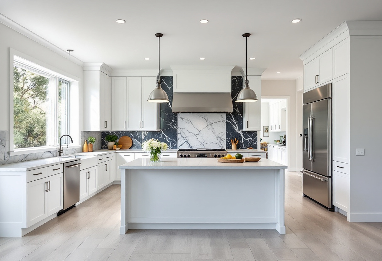 Same kitchen and same cabinets after refinishing — clean bright white