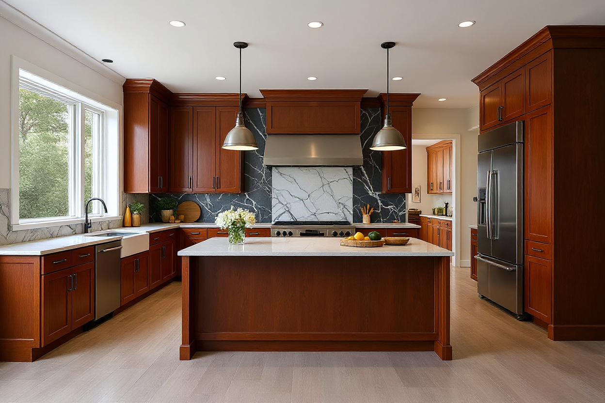 Large kitchen before refinishing — same cabinets in a medium-dark red-toned stain
