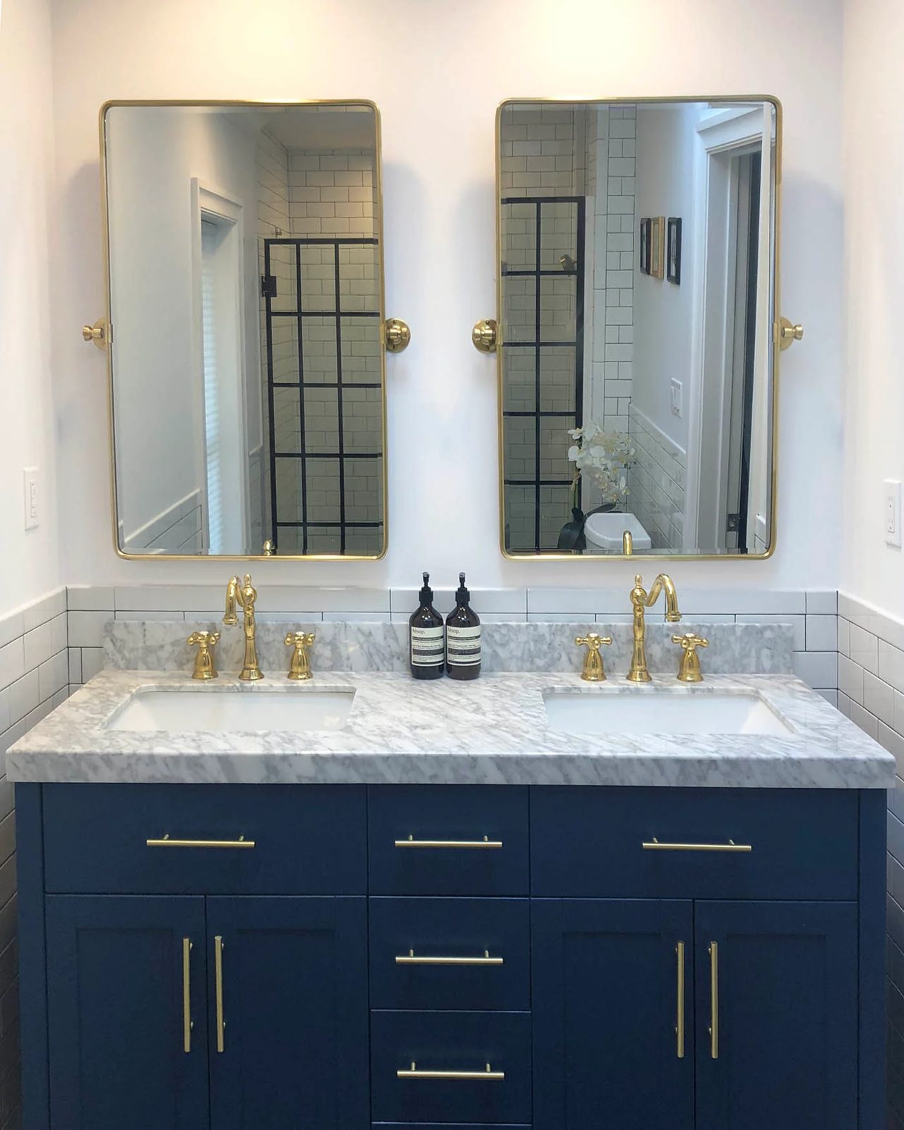 Navy painted bathroom vanity